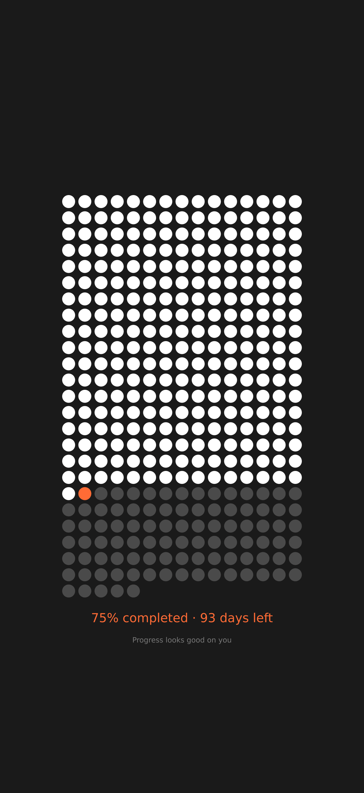 Year in Dots Days wallpaper: an iPhone Lock Screen with one dot for every day of the year, past days in white and today in orange