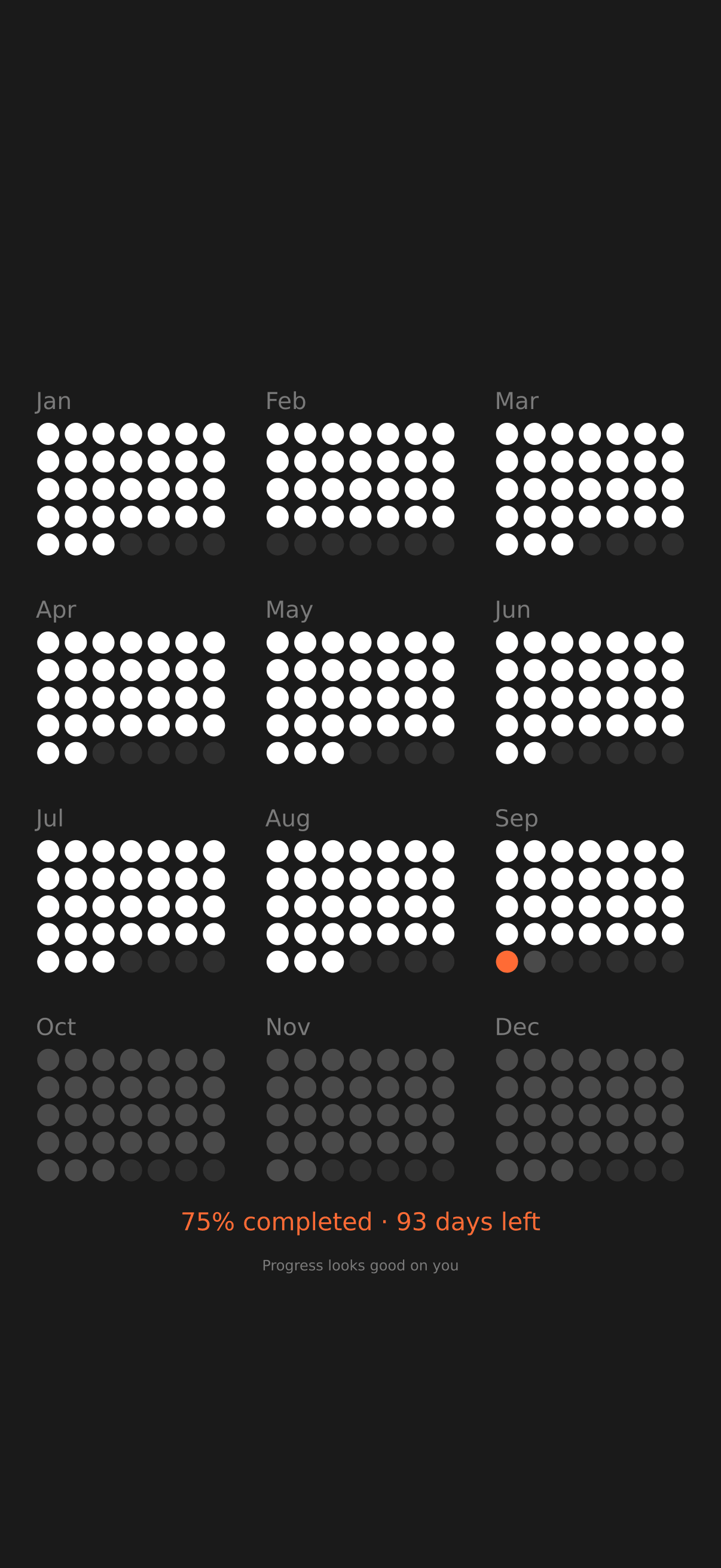 Year in Dots Months wallpaper: an iPhone Lock Screen with twelve dot calendars, one for each month of the year